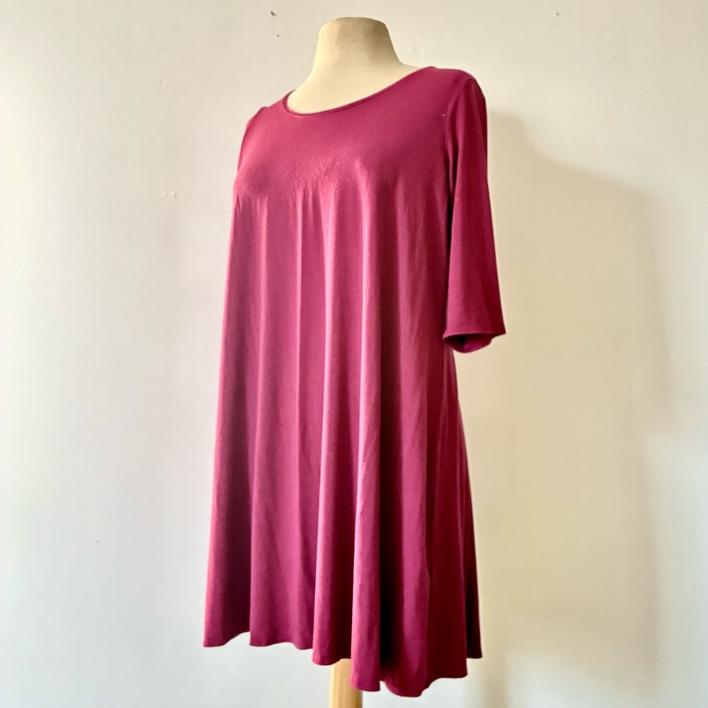 Eileen Fisher Minimalist Deep Red Knit 1/2 Sleeve Shirt Dress L Large
